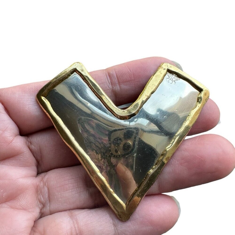 Vintage Victory Brooch Pin 2 Inch Gold Silver Tone Signed Handmade Modernist